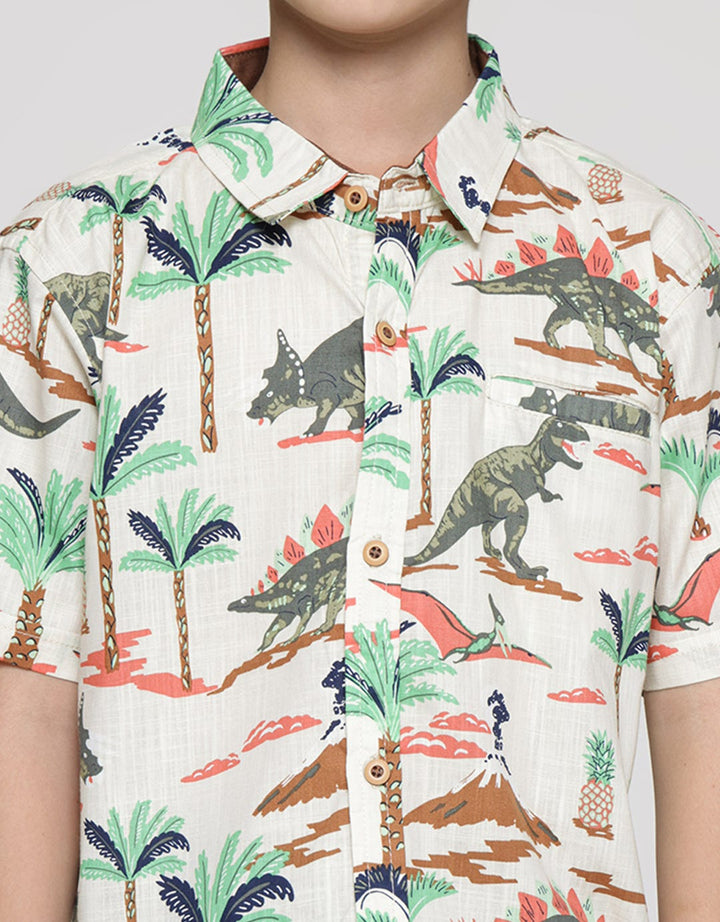 Little M Print Dino Slub Kemeja Lengan Pendek Anak Laki-Laki