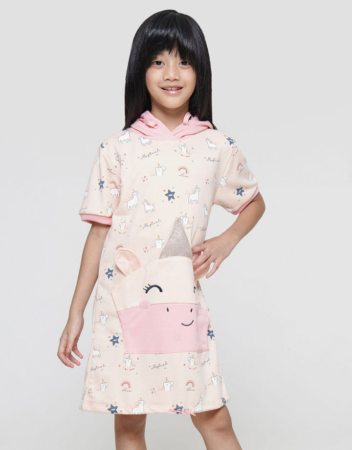 Little M Midi Dress Hoody Kantong Aplikasi Unicorn Anak Perempuan