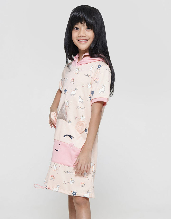 Little M Midi Dress Hoody Kantong Aplikasi Unicorn Anak Perempuan