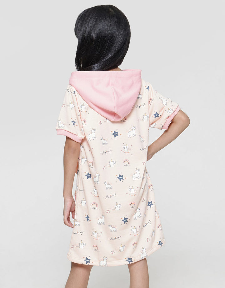 Little M Midi Dress Hoody Kantong Aplikasi Unicorn Anak Perempuan