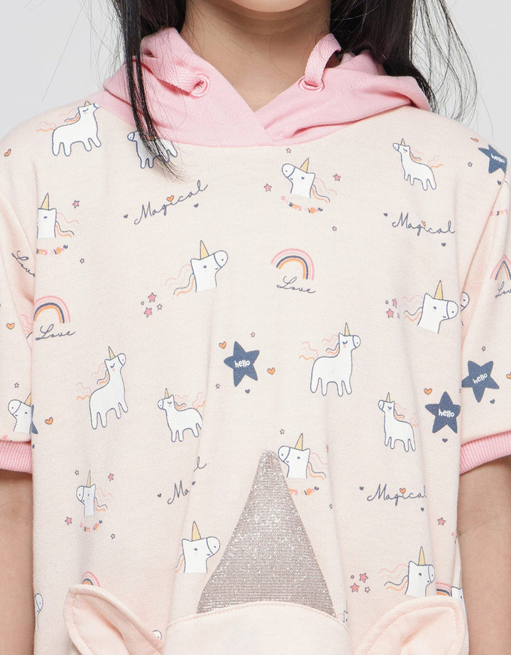 Little M Midi Dress Hoody Kantong Aplikasi Unicorn Anak Perempuan