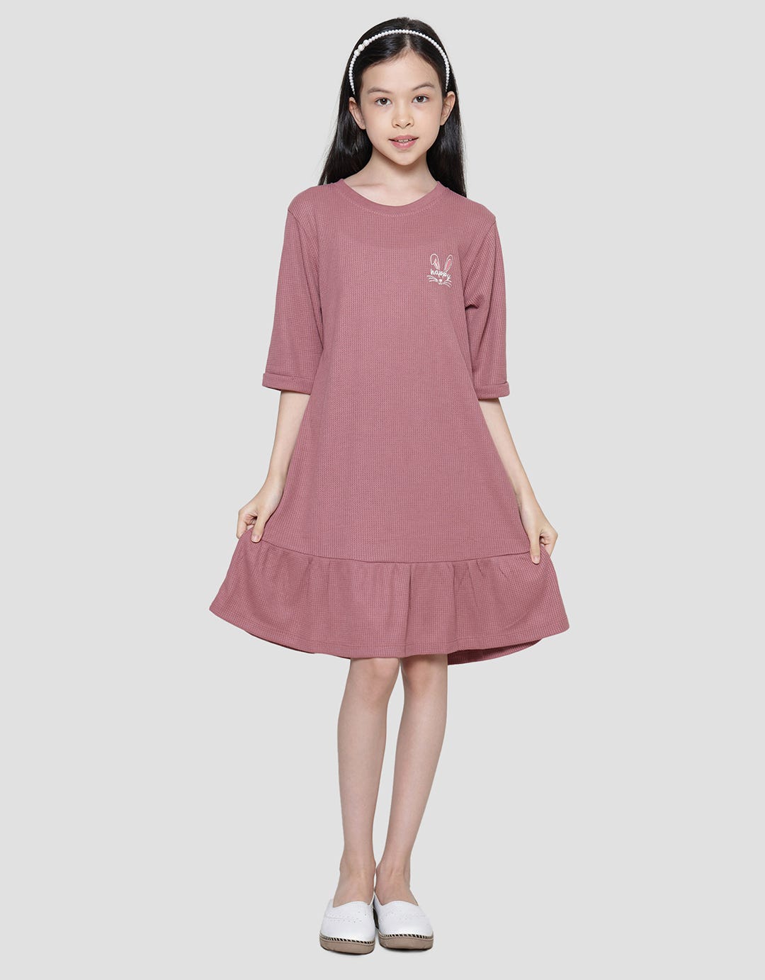 Nevada Knit Texture Embro Rabbit Happy Midi Dress Anak Perempuan