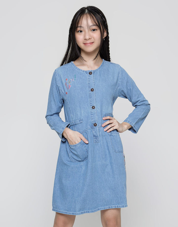 Aero Long Sleeve Midi Dress Embroidered Cat Fun Color