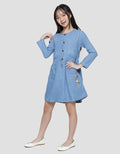 Aero Long Sleeve Midi Dress Embroidered Cat Fun Color