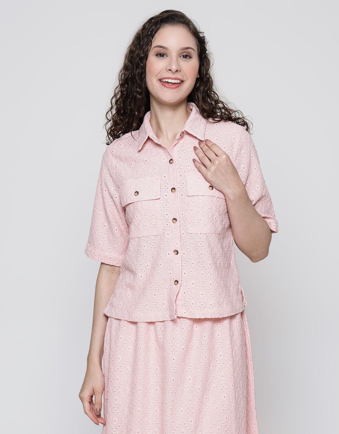 Details Short Sleeve Shirt Brocade Crop Top With Side Ribbon
