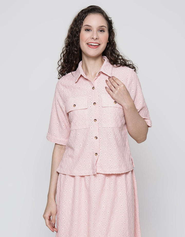 Details Short Sleeve Shirt Brocade Crop Top With Side Ribbon