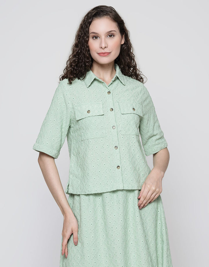 Details Short Sleeve Shirt Brocade Crop Top With Side Ribbon