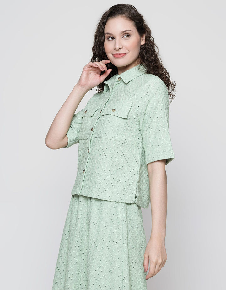 Details Short Sleeve Shirt Brocade Crop Top With Side Ribbon