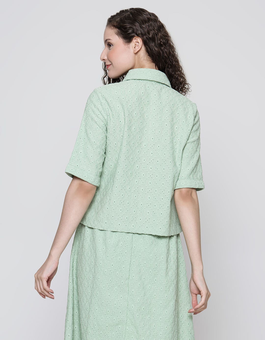 Details Short Sleeve Shirt Brocade Crop Top With Side Ribbon