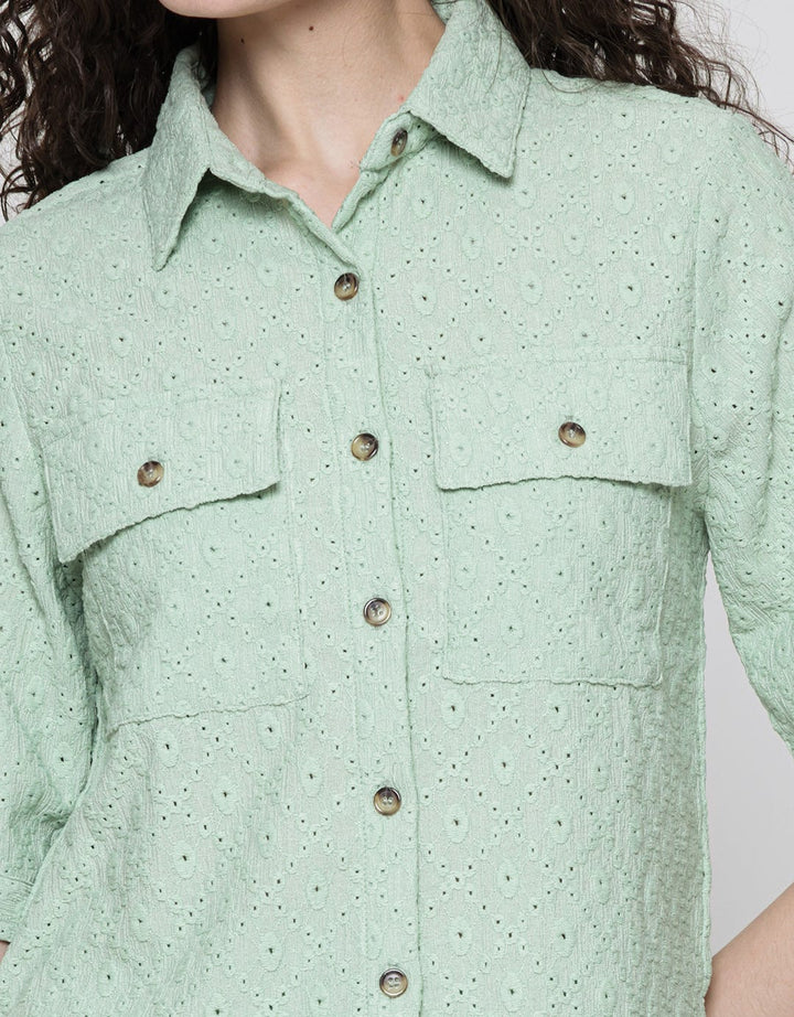 Details Short Sleeve Shirt Brocade Crop Top With Side Ribbon