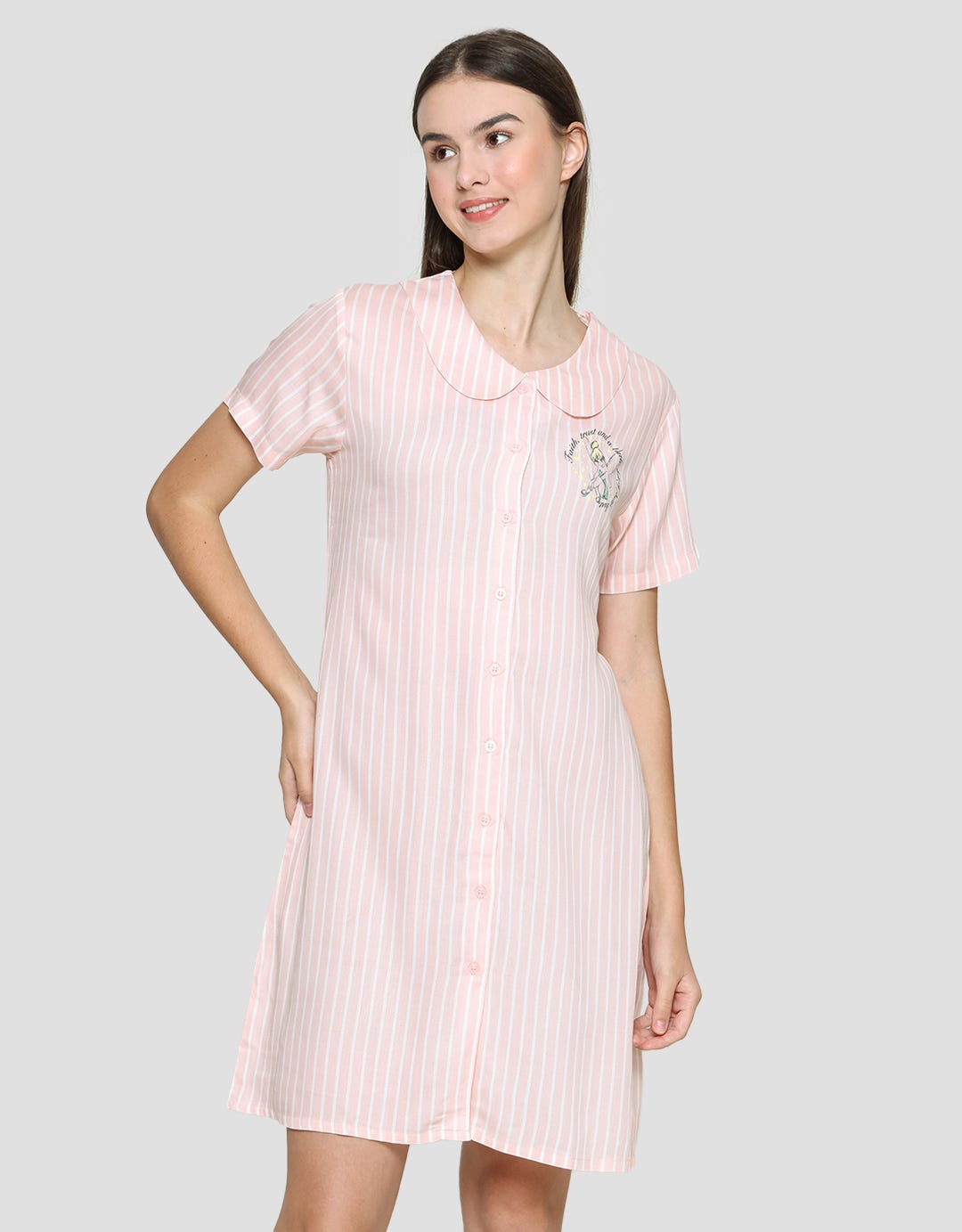 Disney Dress Tidur Wanita Print Tinkerbell Stripe Rayon