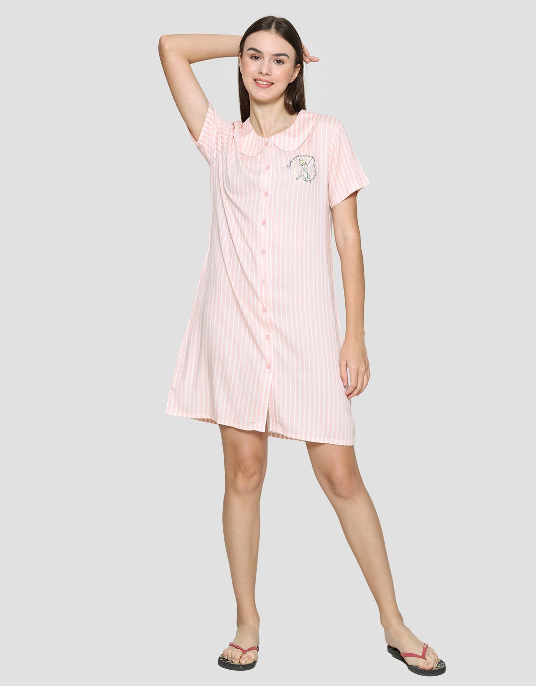 Disney Dress Tidur Wanita Print Tinkerbell Stripe Rayon
