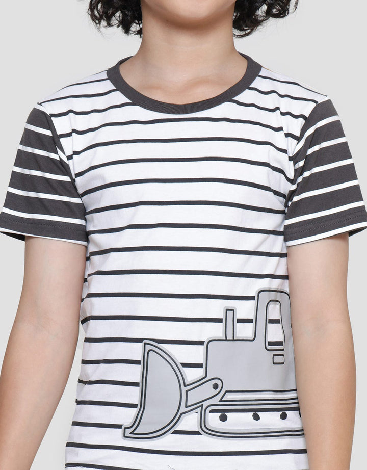 Little M Full Print Stripes Crane Kaos Lengan Pendek Anak Laki-laki