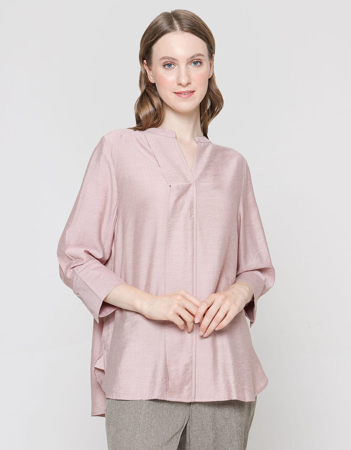 St. Yves Women's Long Sleeve Curve Open Pleat Polo Linen Blouse