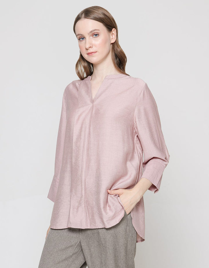 St. Yves Women's Long Sleeve Curve Open Pleat Polo Linen Blouse