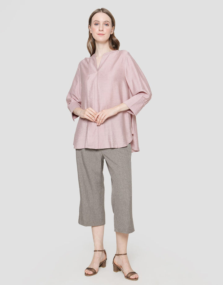 St. Yves Women's Long Sleeve Curve Open Pleat Polo Linen Blouse