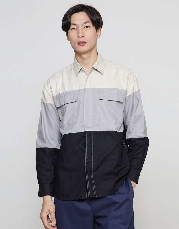 Details Colour Blocking Cut And Sewn Kemeja Lengan Panjang Pria