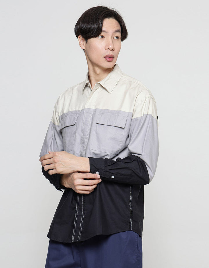 Details Colour Blocking Cut And Sewn Kemeja Lengan Panjang Pria