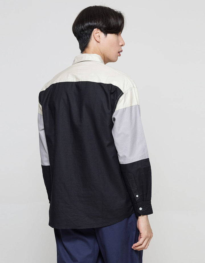 Details Colour Blocking Cut And Sewn Kemeja Lengan Panjang Pria