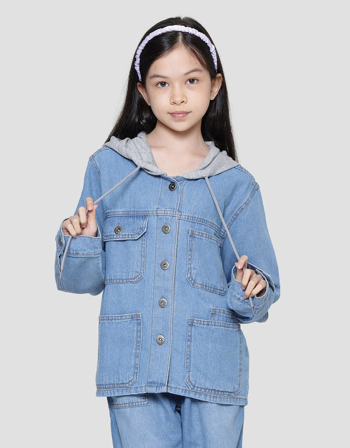 Nevada Jaket Denim Contrast Hoodie Knit Anak Perempuan
