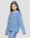 Nevada Jaket Denim Contrast Hoodie Knit Anak Perempuan