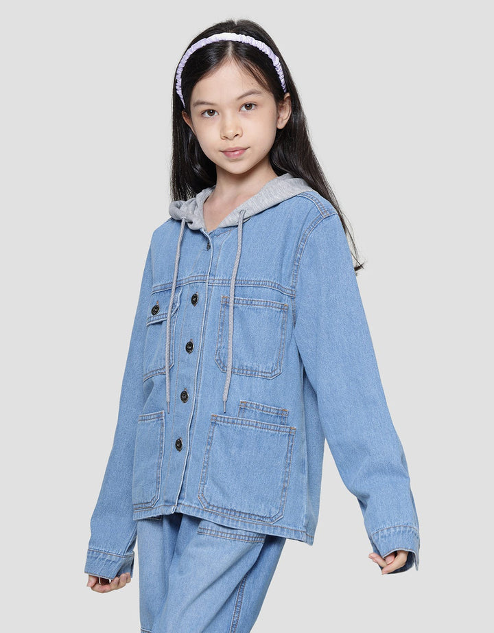 Nevada Jaket Denim Contrast Hoodie Knit Anak Perempuan