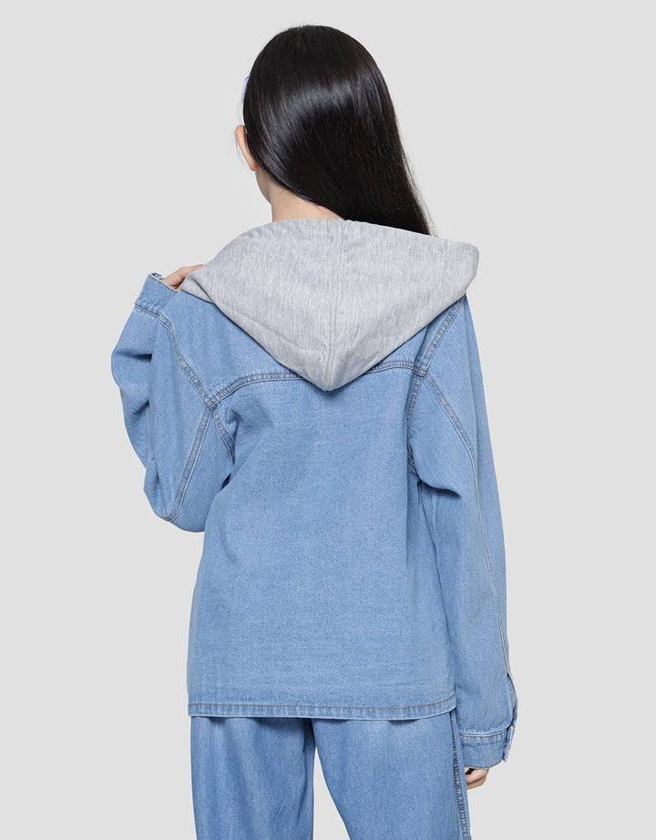 Nevada Jaket Denim Contrast Hoodie Knit Anak Perempuan