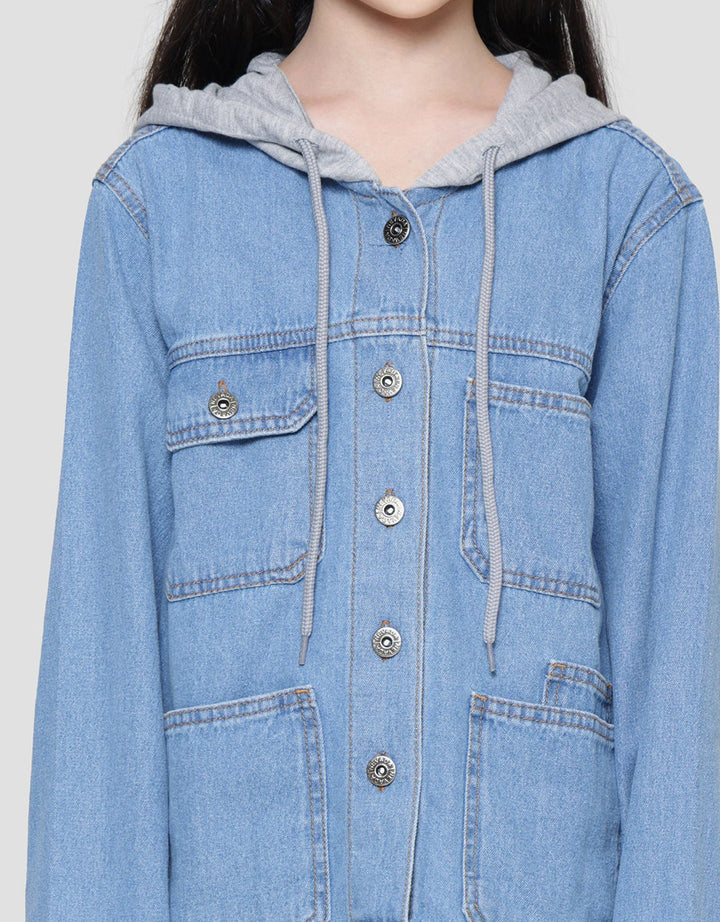 Nevada Jaket Denim Contrast Hoodie Knit Anak Perempuan