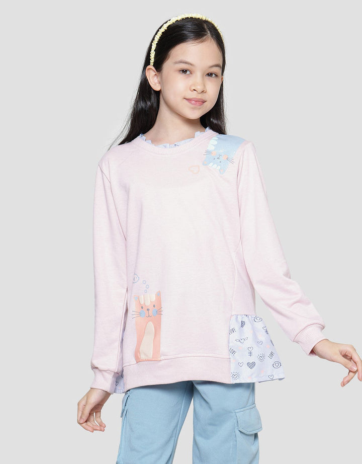 Nevada Ruff Collar Combination With Print Cats Sweater for Girls 