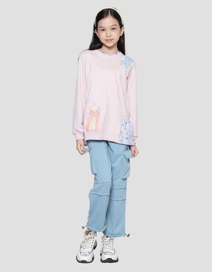 Nevada Ruff Collar Combination With Print Cats Sweater for Girls 