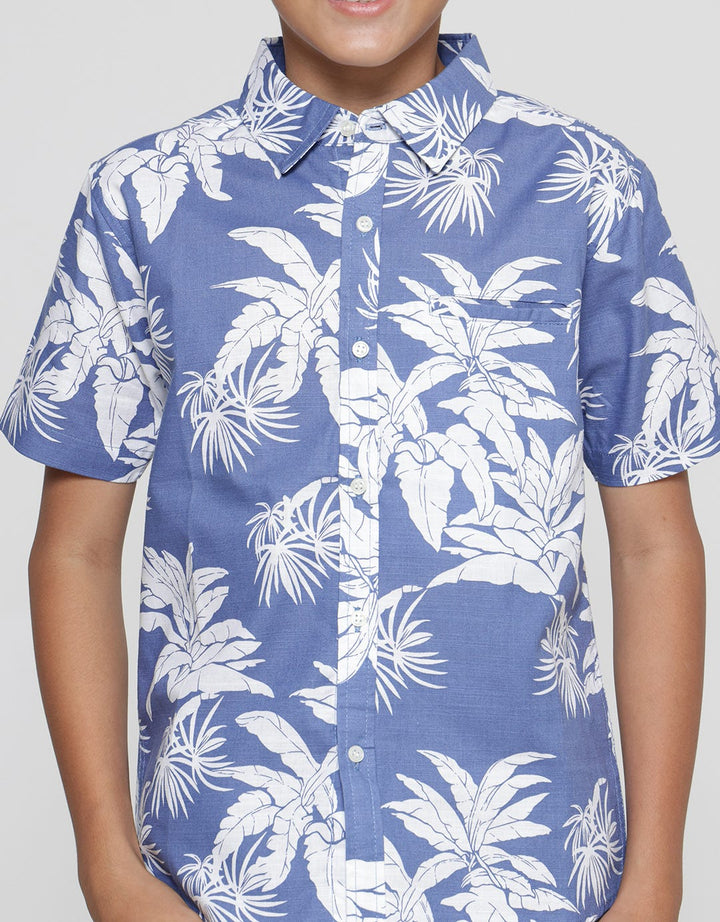 Nevada Linen Slub Summer Leaf Print Kemeja Anak Laki-laki