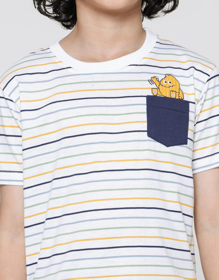 Little M Kaos Lengan Pendek Anak Laki-laki Print Stripes Monster Katun Combat