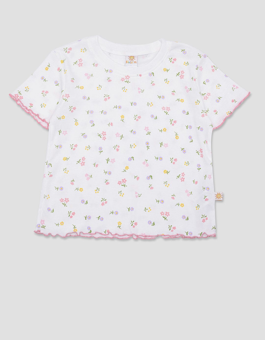 Little M Rib Full Print Flower Girls Short Sleeve T-shirt