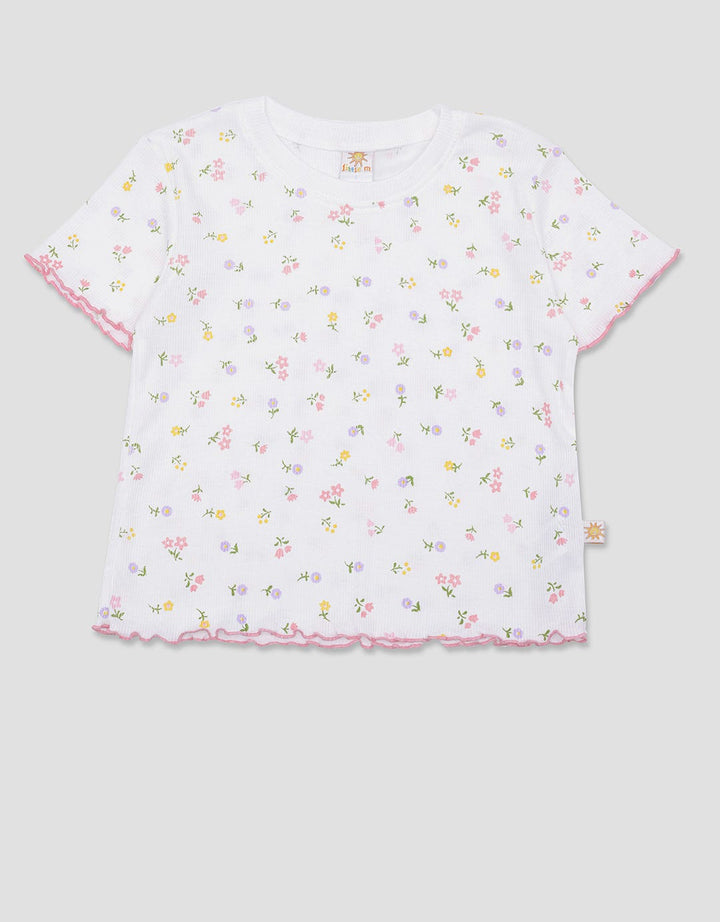 Little M Rib Full Print Flower Girls Short Sleeve T-shirt