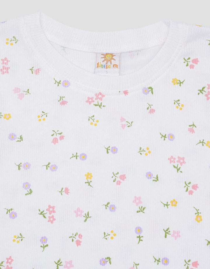 Little M Rib Full Print Flower Girls Short Sleeve T-shirt
