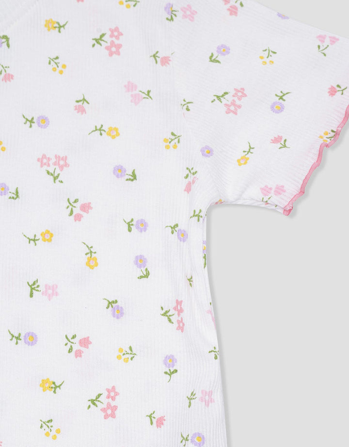 Little M Rib Full Print Flower Girls Short Sleeve T-shirt