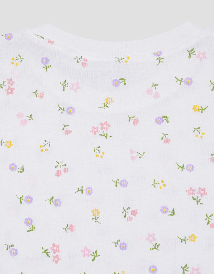 Little M Rib Full Print Flower Girls Short Sleeve T-shirt