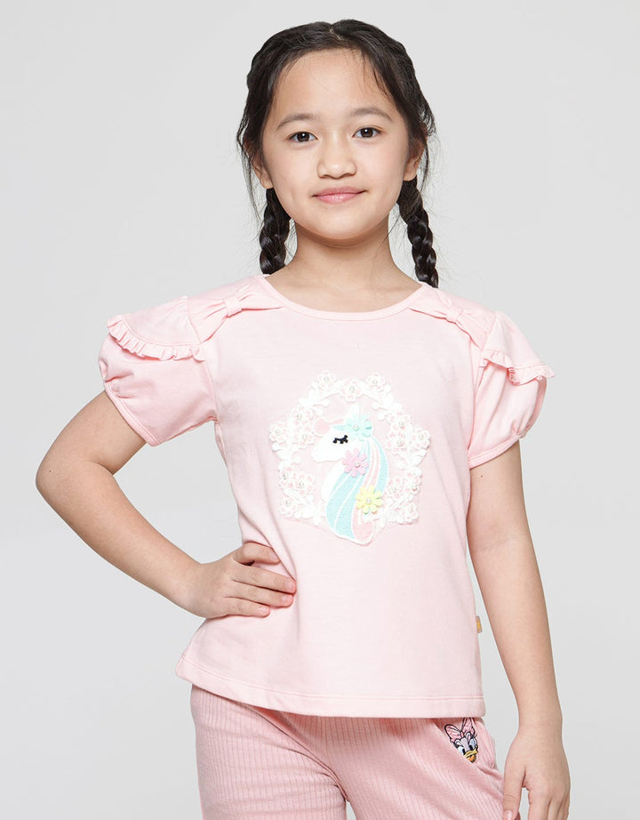 Little M Kaos Lengan Pendek Pita Ruffle Aplikasi Unicorn Anak perempuan