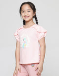 Little M Kaos Lengan Pendek Pita Ruffle Aplikasi Unicorn Anak perempuan