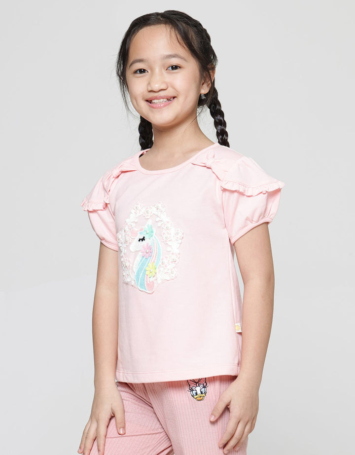 Little M Kaos Lengan Pendek Pita Ruffle Aplikasi Unicorn Anak perempuan