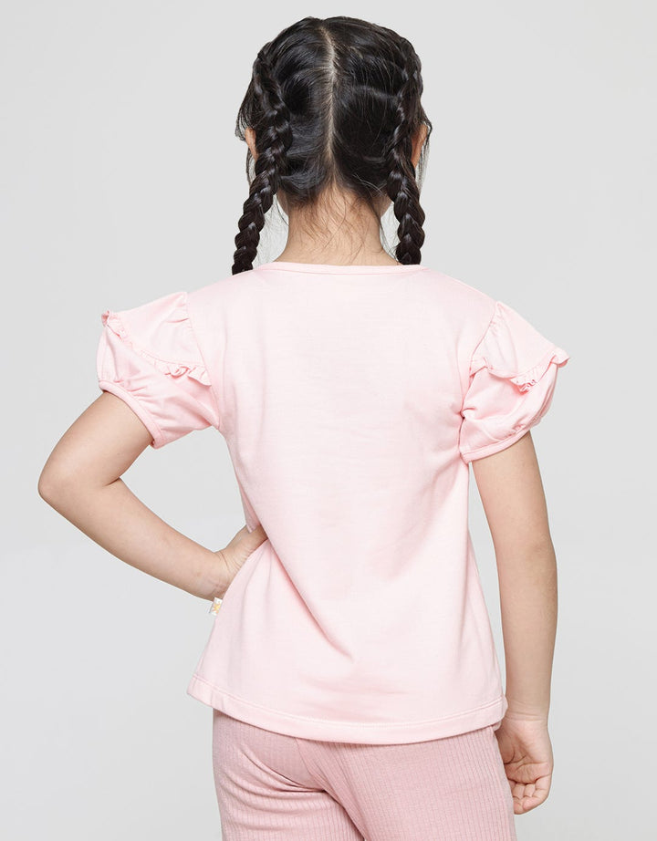 Little M Kaos Lengan Pendek Pita Ruffle Aplikasi Unicorn Anak perempuan