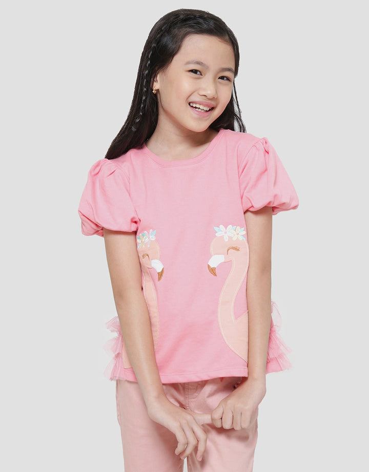 Little M 2 Flamingo Tile Stacking App Girls Short Sleeve T-Shirt