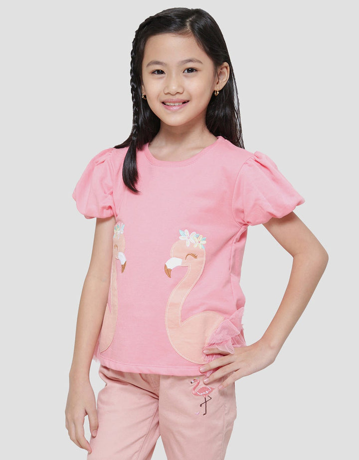 Little M 2 Flamingo Tile Stacking App Girls Short Sleeve T-Shirt