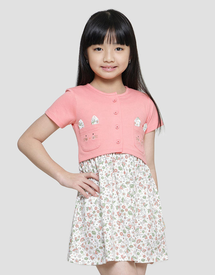 Little M Print Bunga With Cardigan Midi Dress Lengan Pendek Anak Perempuan
