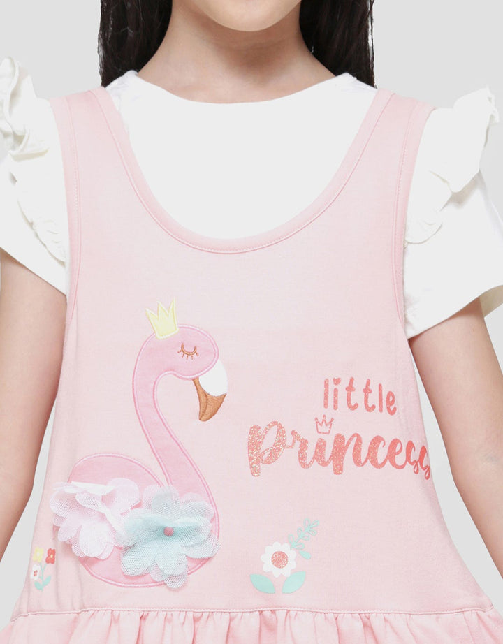 Little M Aplikasi Flamingo Midi Dress Overall Anak Perempuan