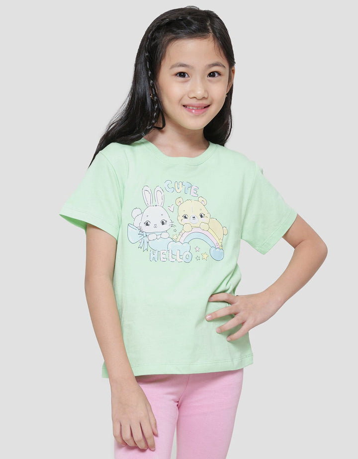 Little M Rabbit And Bear With Rainbow Kaos Lengan Pendek Anak Perempuan