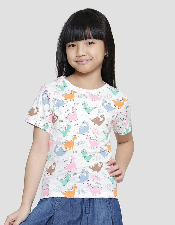 Little M Dino Print Kaos Lengan Pendek Anak Perempuan