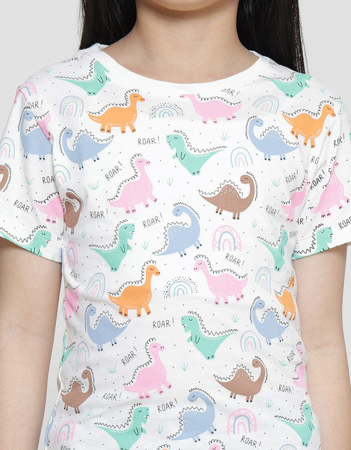 Little M Dino Print Kaos Lengan Pendek Anak Perempuan