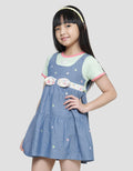 Little M Overall Chambray Full Bordir Kaos Lengan Pendek Anak Perempuan