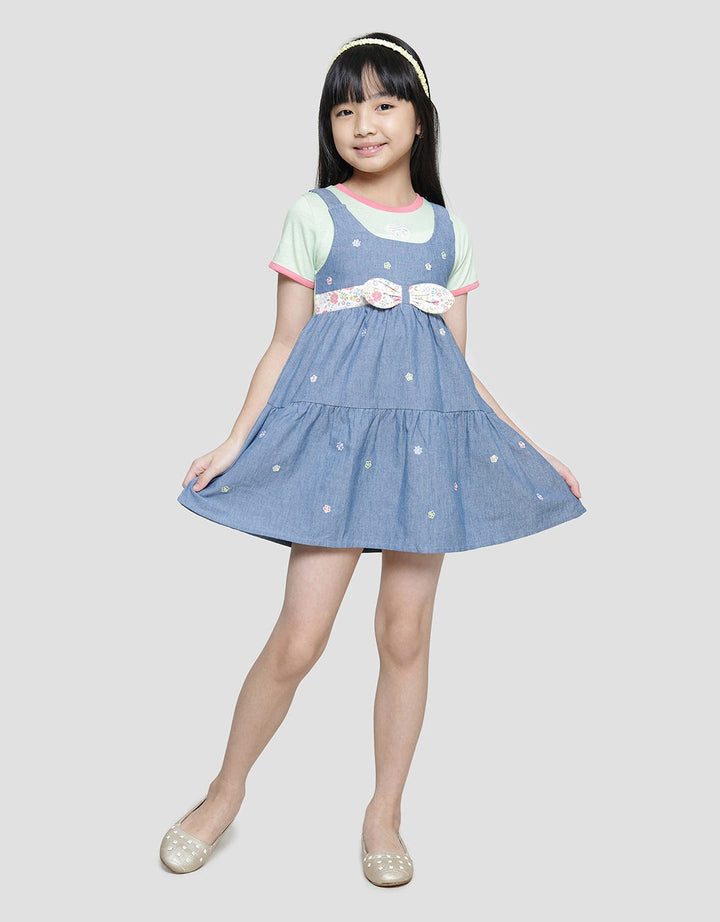Little M Overall Chambray Full Bordir Kaos Lengan Pendek Anak Perempuan